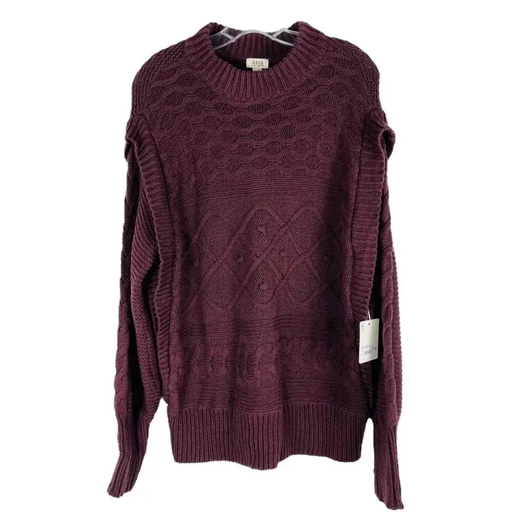 NEW ANA purple plum cable knit ribbed balloon sleeve sweater medium